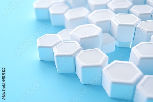 Abstract background with hexagons and white geometric shapes on a light blue background