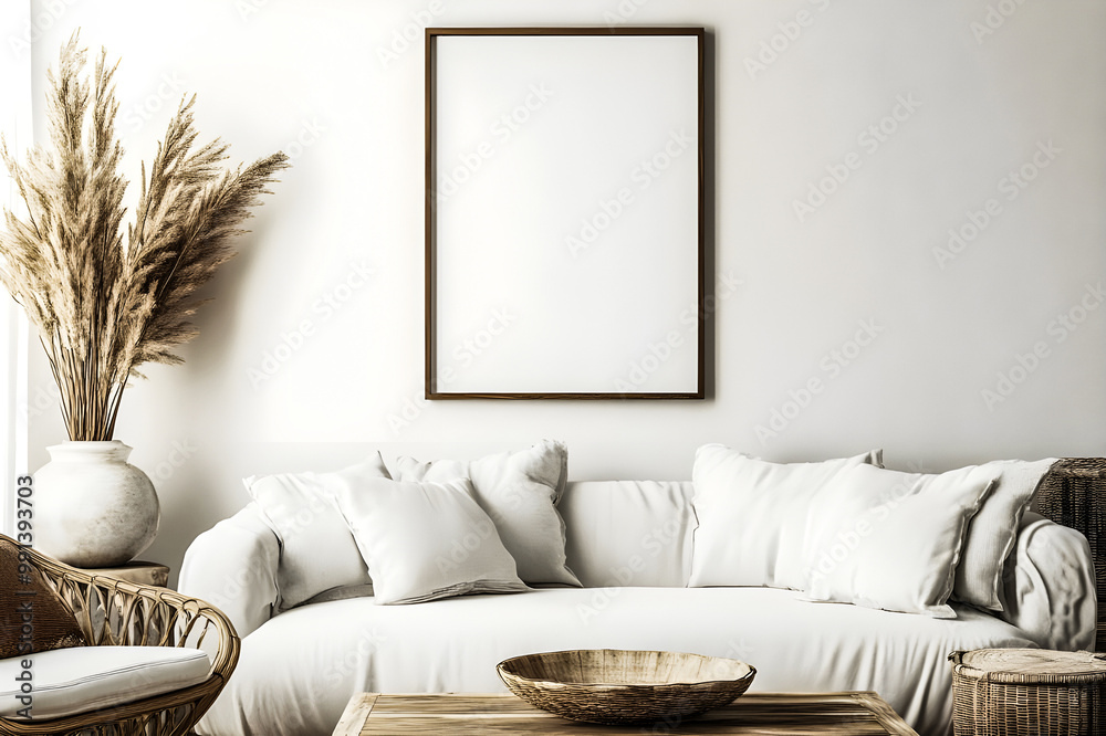 Mockup frame in farmhouse living room white sofa interior style, 3d render Photo Mockup frame in farmhouse living room white sofa interior style, 3d render Photo