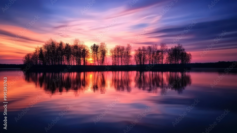 Silhouetted Trees Reflecting in a Serene Lake at Sunset Silhouetted Trees Reflecting in a Serene Lake at Sunset