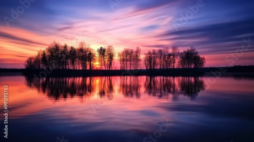 Silhouetted Trees Reflecting in a Serene Lake at Sunset