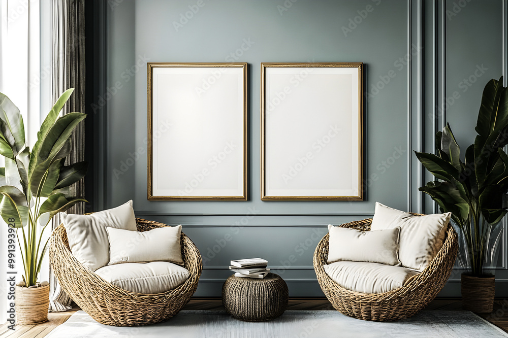Fototapeta premium Mockup frame in farmhouse living room white sofa interior style, 3d render Photo