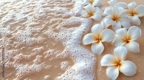 Serene Plumeria Paradise: Vibrant Tropical Flowers on Sun-Kissed Beach. photo