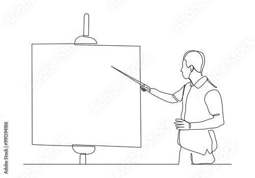 Continuous single line sketch drawing of standing businessman doing presentation pointing on board screen projector with stick explain something. One line art vector illustration