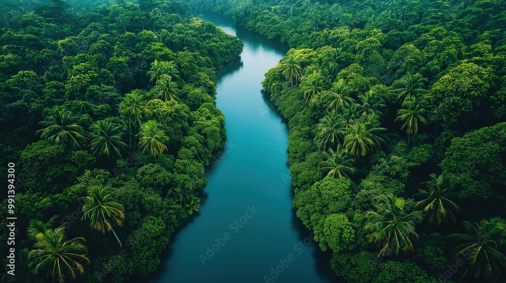 Serene Rainforest River Flowing Through Lush Tropical Vegetation - Tranquil Tropical Landscapes in the Wild Serene Rainforest River Flowing Through Lush Tropical Vegetation - Tranquil Tropical Landscapes in the Wild