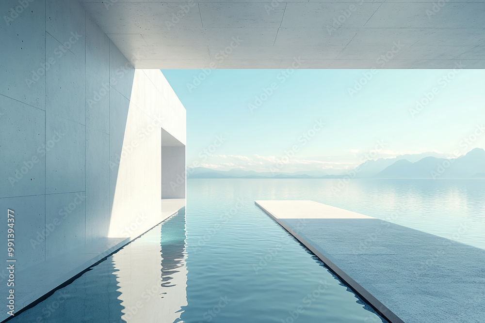 Fototapeta premium Abstract 3D rendering of minimalist style architectural space scene, mountain and lakeside building