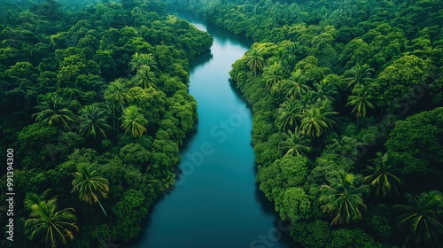 Serene Rainforest River Flowing Through Lush Tropical Vegetation - Tranquil Tropical Landscapes in the Wild