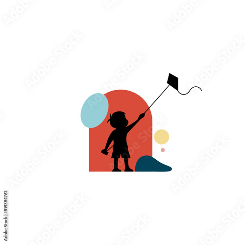 boho vector illustration silhouette of a little boy playing with a kite