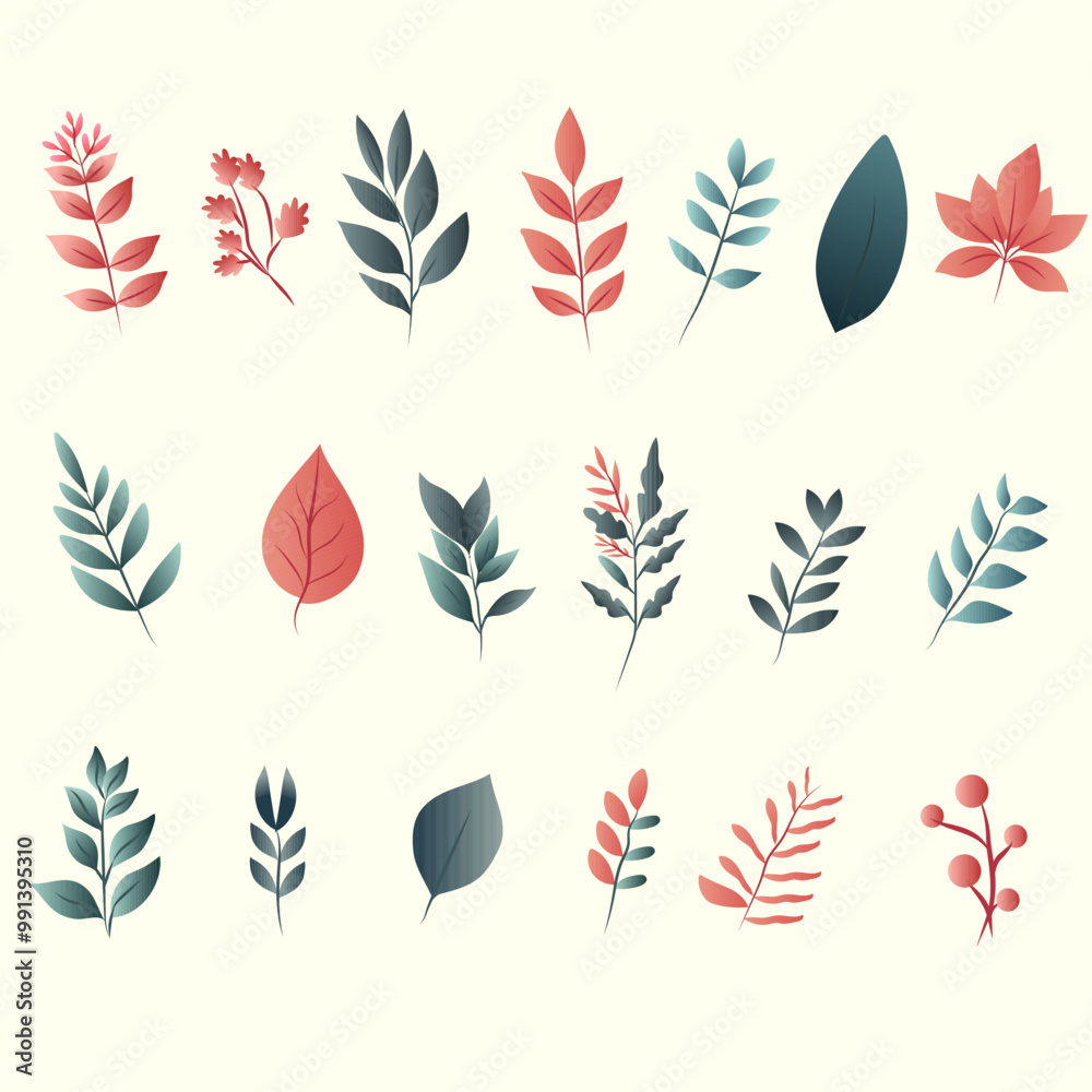 set of collection leaves branches set with flower vector set of collection leaves branches set with flower vector