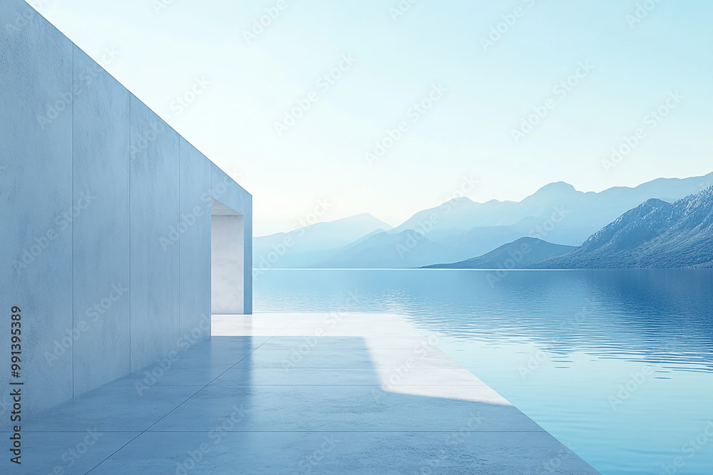Obraz premium Abstract 3D rendering of minimalist style architectural space scene, mountain and lakeside building