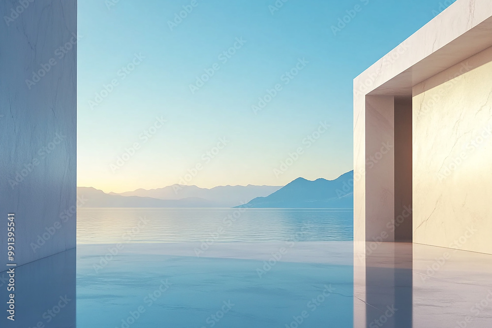 Fototapeta premium Abstract 3D rendering of minimalist style architectural space scene, mountain and lakeside building