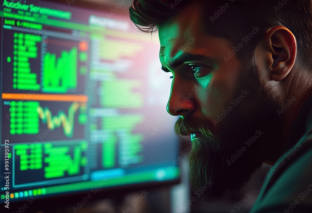 Close up of a man with a beard analyzing information on a comput