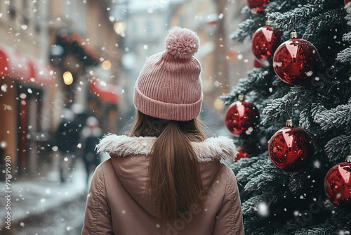 Back view of a girl in a winter coat and pink hat standing near a Christmas tree decorated with red ornaments on a city street