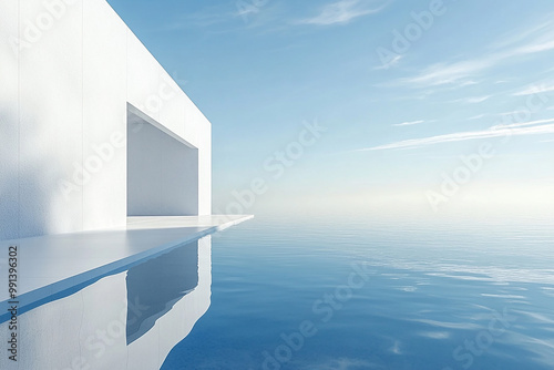 Abstract 3D rendering of minimalist style architectural space scene, mountain and lakeside building