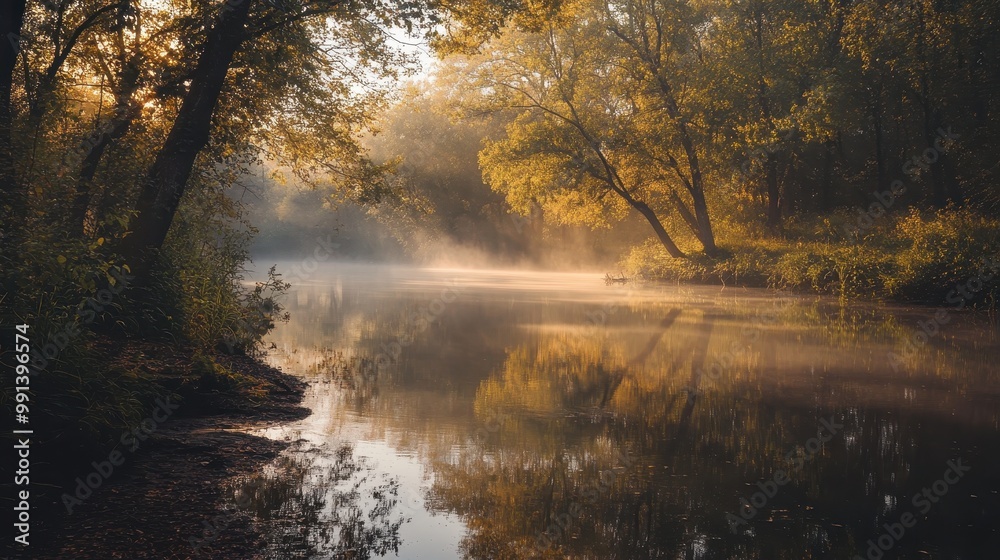 Misty Morning River in Golden Sunlight Misty Morning River in Golden Sunlight