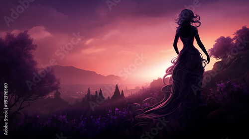 A serene female silhouette stands amidst a magical lavender garden, surrounded by purple hues, creating a dreamy, fantasy scene perfect for a captivating wallpaper.