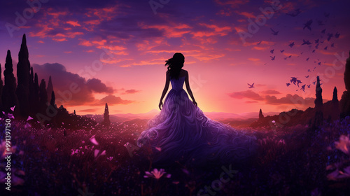 A serene female silhouette stands amidst a magical lavender garden, surrounded by purple hues, creating a dreamy, fantasy scene perfect for a captivating wallpaper.