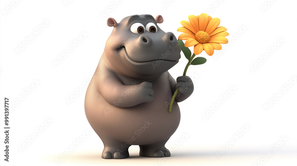 Whimsical Hippo Holding a Flower with Joy Whimsical Hippo Holding a Flower with Joy