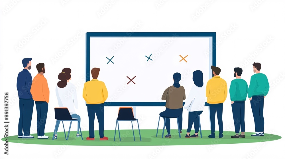 Obraz premium A flat illustration of a game plan being drawn on a whiteboard with simplified X and O symbols representing the players Large space for text in center Stock Photo with copy space