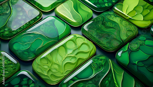 Abstract floating resin panels in green colors, avocado green, iguana green, light frog green and caribbean green photo