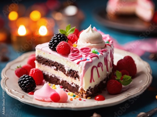 Delicious layered chocolate cake with fresh berries and cream served on a decorative plate for a festive occasion