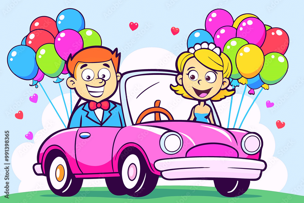 Funny smiling newlyweds are driving a car surrounded by festive balloons Funny smiling newlyweds are driving a car surrounded by festive balloons