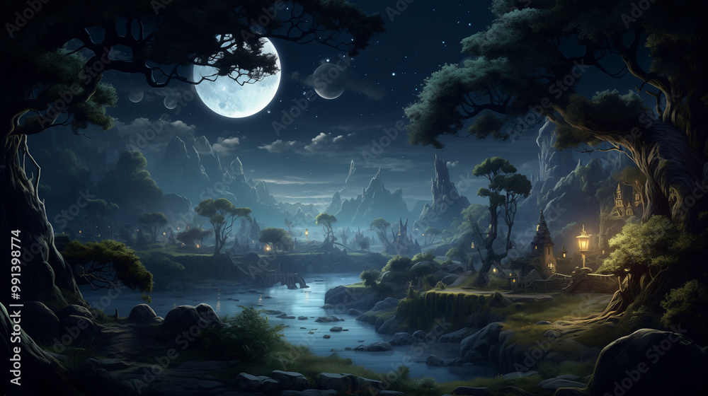 A mystical landscape bathed in the soft glow of the moon, revealing a hidden village nestled among the trees. A mystical landscape bathed in the soft glow of the moon, revealing a hidden village nestled among the trees.