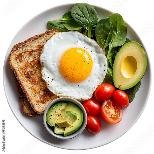 Healthy breakfast plate with eggs, avocado, and vegetables