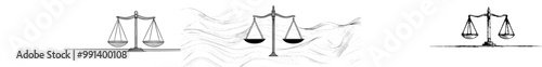 Single editable line of scales with bowls. Simplified scale of justice icon. Symbol of balance, legal law. Modern illustration.