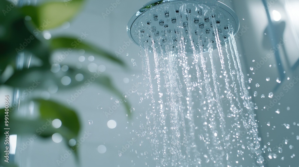 A slow-motion capture of water pouring from a modern shower head, with droplets suspended mid-air in a bright, airy bathroom. A slow-motion capture of water pouring from a modern shower head, with droplets suspended mid-air in a bright, airy bathroom.
