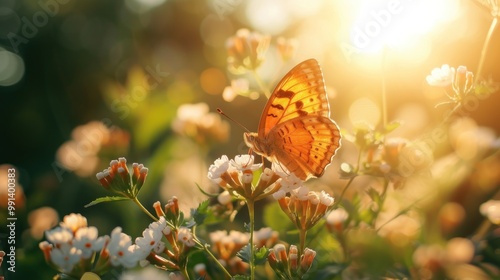 Orange butterflies flying in the garden. spreading wings butterfly on a leaf