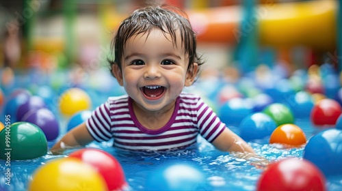 A small child wearing a striped shirt swimming through a pool of bright plastic balls, smiling with excitement in a lively indoor play zone.
