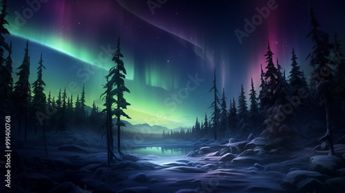 Magical Northern Lights dance above a serene winter forest, casting vibrant colors across the snowy landscape wallpaper