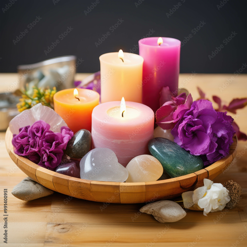 Peaceful Candlelight Ritual: A serene arrangement of lit candles, delicate flowers, and smooth crystals on a wooden bowl, creating an aura of tranquility and spiritual connection. Peaceful Candlelight Ritual: A serene arrangement of lit candles, delicate flowers, and smooth crystals on a wooden bowl, creating an aura of tranquility and spiritual connection.