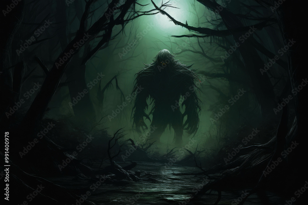 The Shadow in the Woods: A chilling silhouette of a mythical creature lurks in the depths of a dark and misty forest, its presence casting an ominous glow on the surrounding trees. The Shadow in the Woods: A chilling silhouette of a mythical creature lurks in the depths of a dark and misty forest, its presence casting an ominous glow on the surrounding trees.