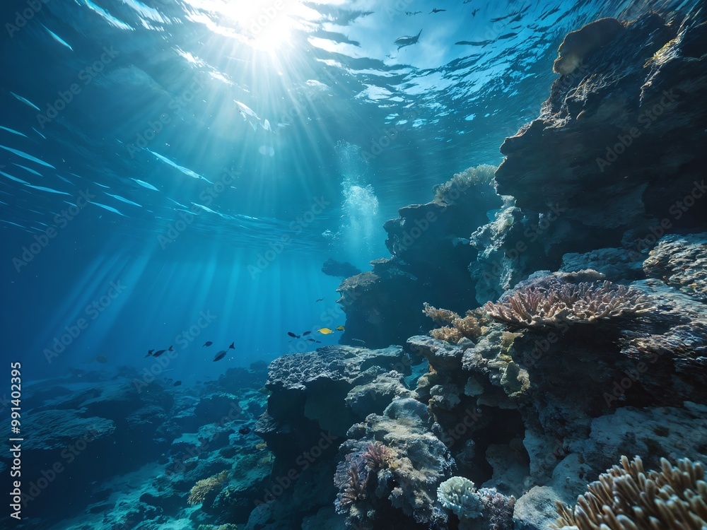 Fototapeta premium Underwater coral reef ecosystem with vibrant marine life illuminated by sunlight filtering through the water