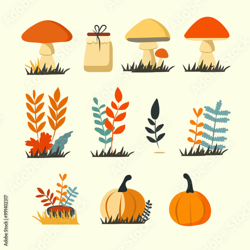set of collection mushroom autumn vector IIlustrations