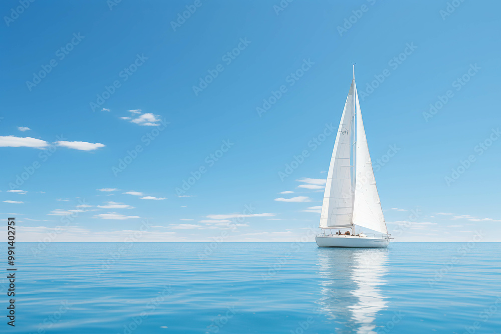 Obraz premium Sailboat on the Horizon: A lone sailboat glides gracefully through the vast expanse of the ocean, symbolizing freedom, adventure, and the pursuit of dreams. The blue sky, white clouds.