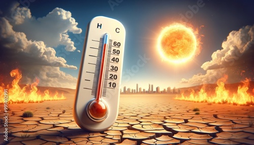 Thermometer on cracked ground under extreme heat, burning landscape and scorching sun in the sky, symbolizing climate change and global warming