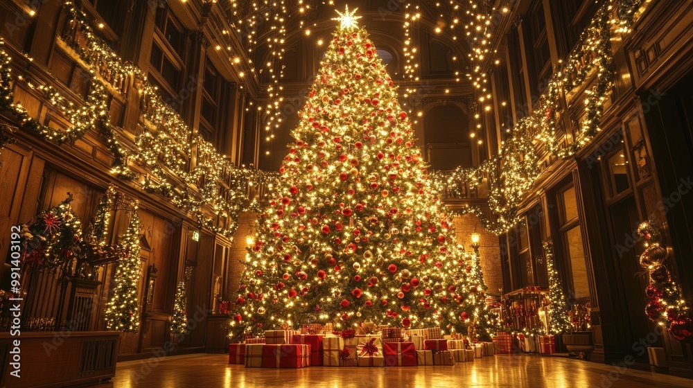 Christmas tree background with a towering tree filled with ornaments, lights, and garland, creating a perfect festive focal point Christmas tree background with a towering tree filled with ornaments, lights, and garland, creating a perfect festive focal point