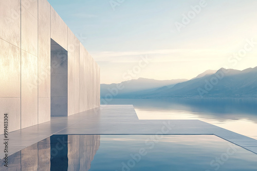 Abstract 3D rendering of minimalist style architectural space scene, mountain and lakeside building