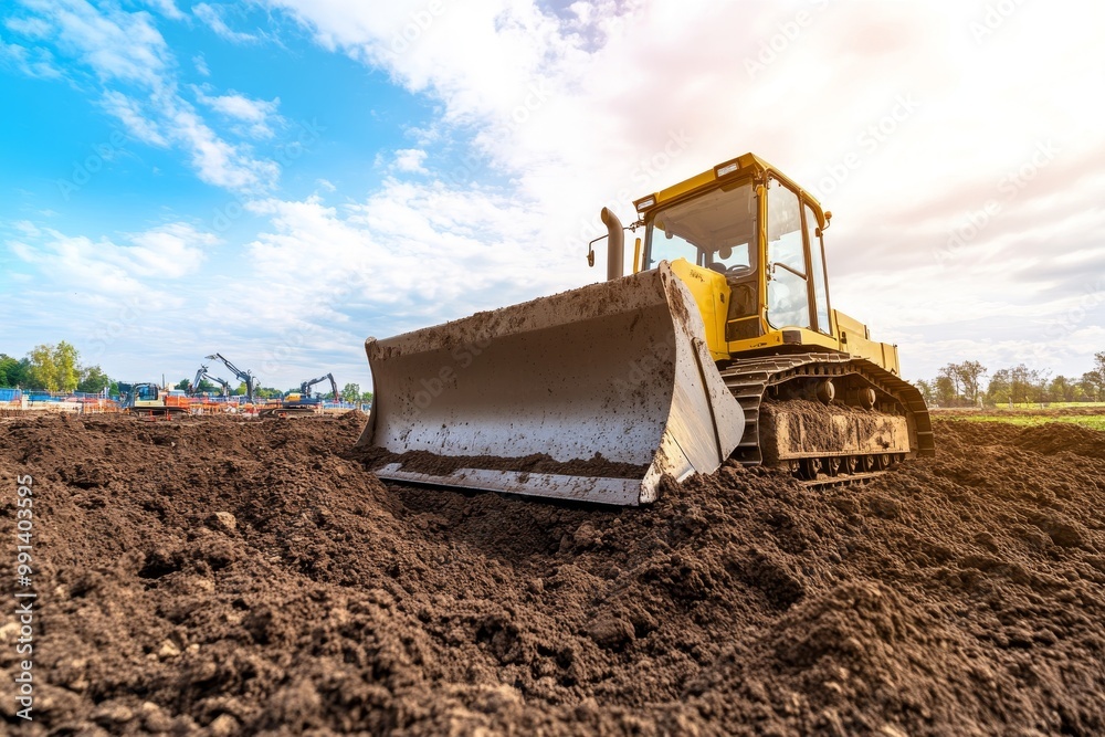 Obraz premium Busy Construction Site Featuring a Bulldozer with Ample Copy Space