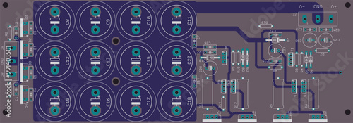 Vector printed circuit board of electronic 
device with components of radio elements, 
conductors and contact pads placed on pcb. 
Engineering drawing. Computer technic cad design.