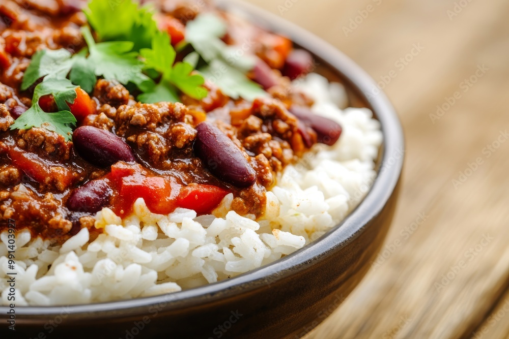 Hearty Chili Con Carne Served with Fragrant Rice and Fresh Cilantro Hearty Chili Con Carne Served with Fragrant Rice and Fresh Cilantro