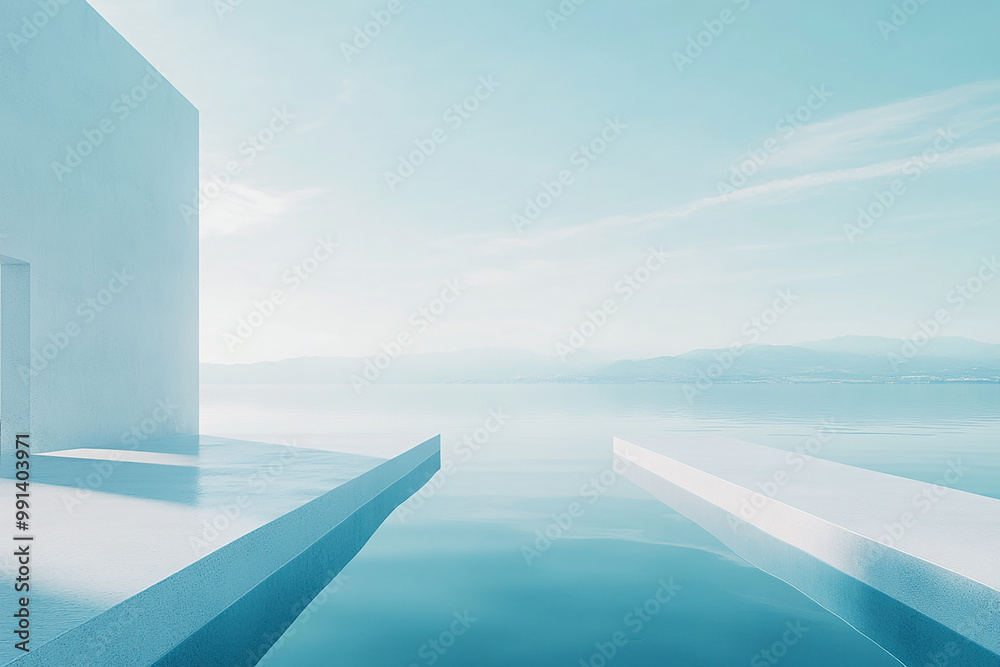 Obraz premium Abstract 3D rendering of minimalist style architectural space scene, mountain and lakeside building