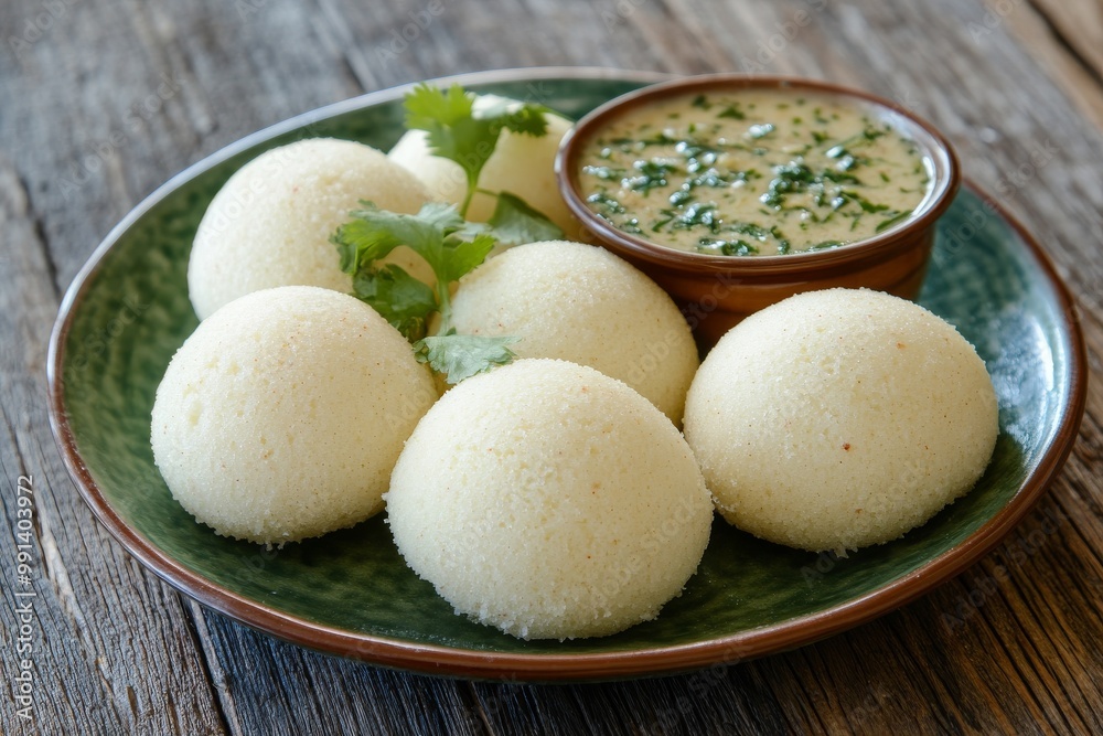 Classic South Indian Dish: Idli Accompanied by Coconut Chutney Classic South Indian Dish: Idli Accompanied by Coconut Chutney