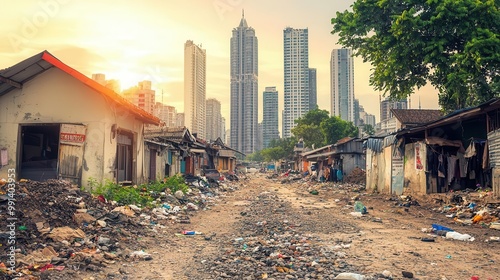Highend financial district towering over a slum area, urban wealth, poverty contrast