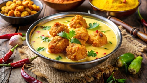 The golden yellow kadhi with soft pakoras, Generative AI