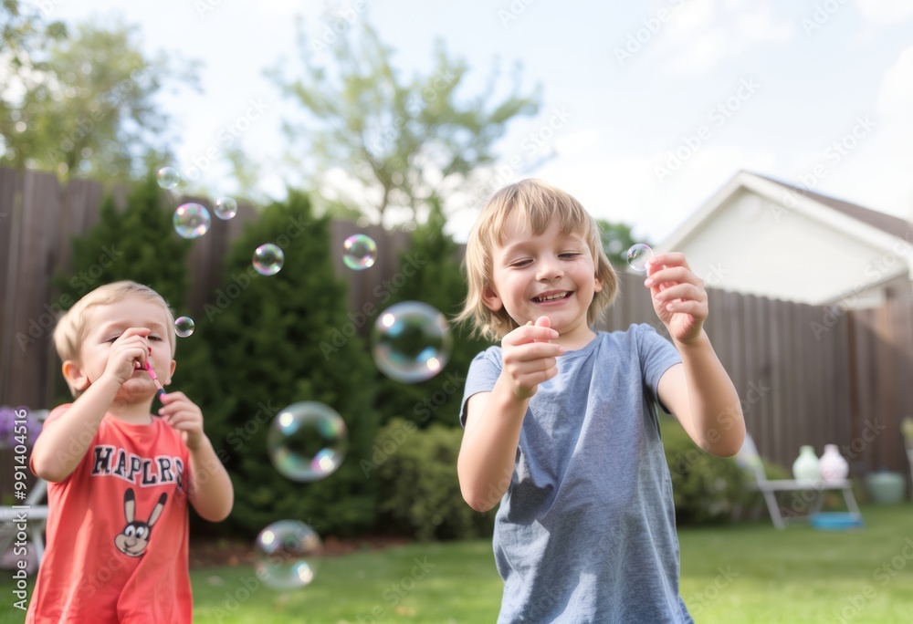 Siblings blowing bubbles in the yard and trying to catch them wi Siblings blowing bubbles in the yard and trying to catch them wi
