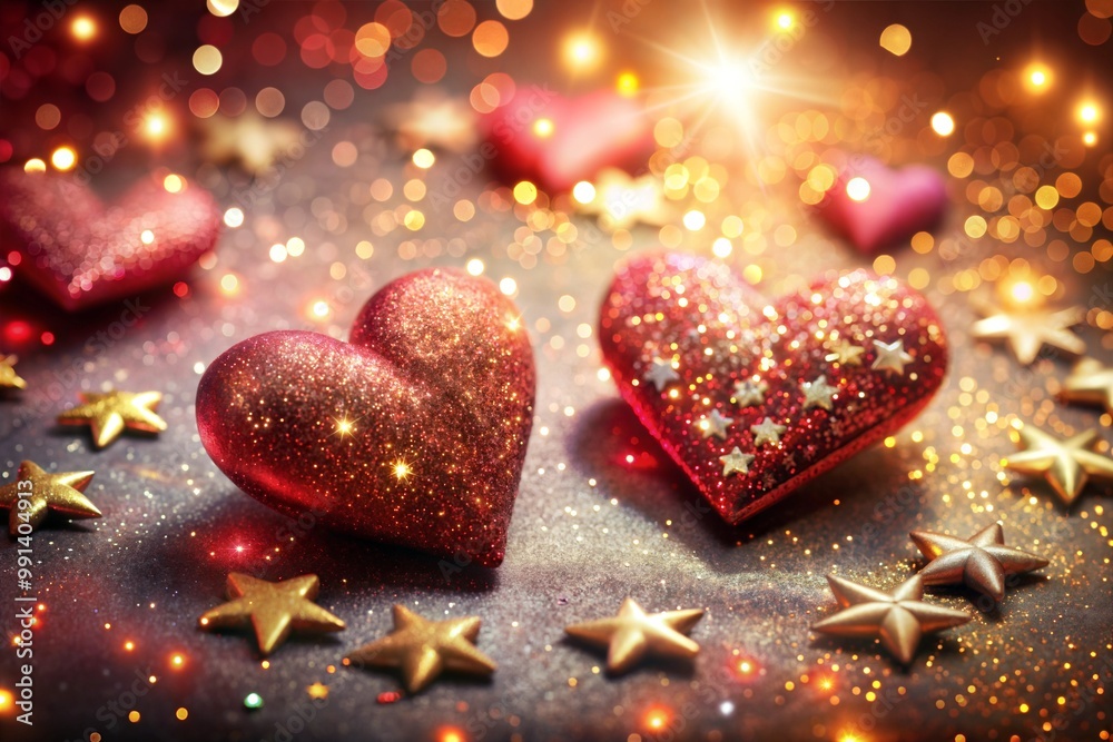 Sparkling red hearts and gold stars with shimmering lights Sparkling red hearts and gold stars with shimmering lights