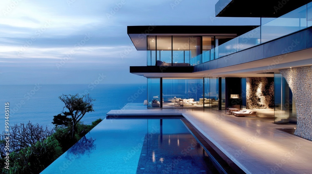Fototapeta premium Dream home by the ocean, large glass walls, infinity pool blending into the sea, modern minimalist design, open floor plan